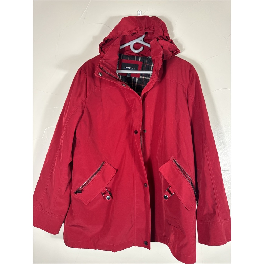 London Fog Red Hooded Rain Jacket Mid-Length Plaid Lining Zip/Snap Large